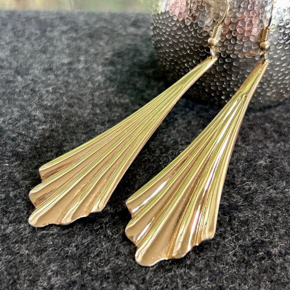 Vintage Gold Tone Fan Drop Earrings, 3.75 Inches - Picture 8 of 11